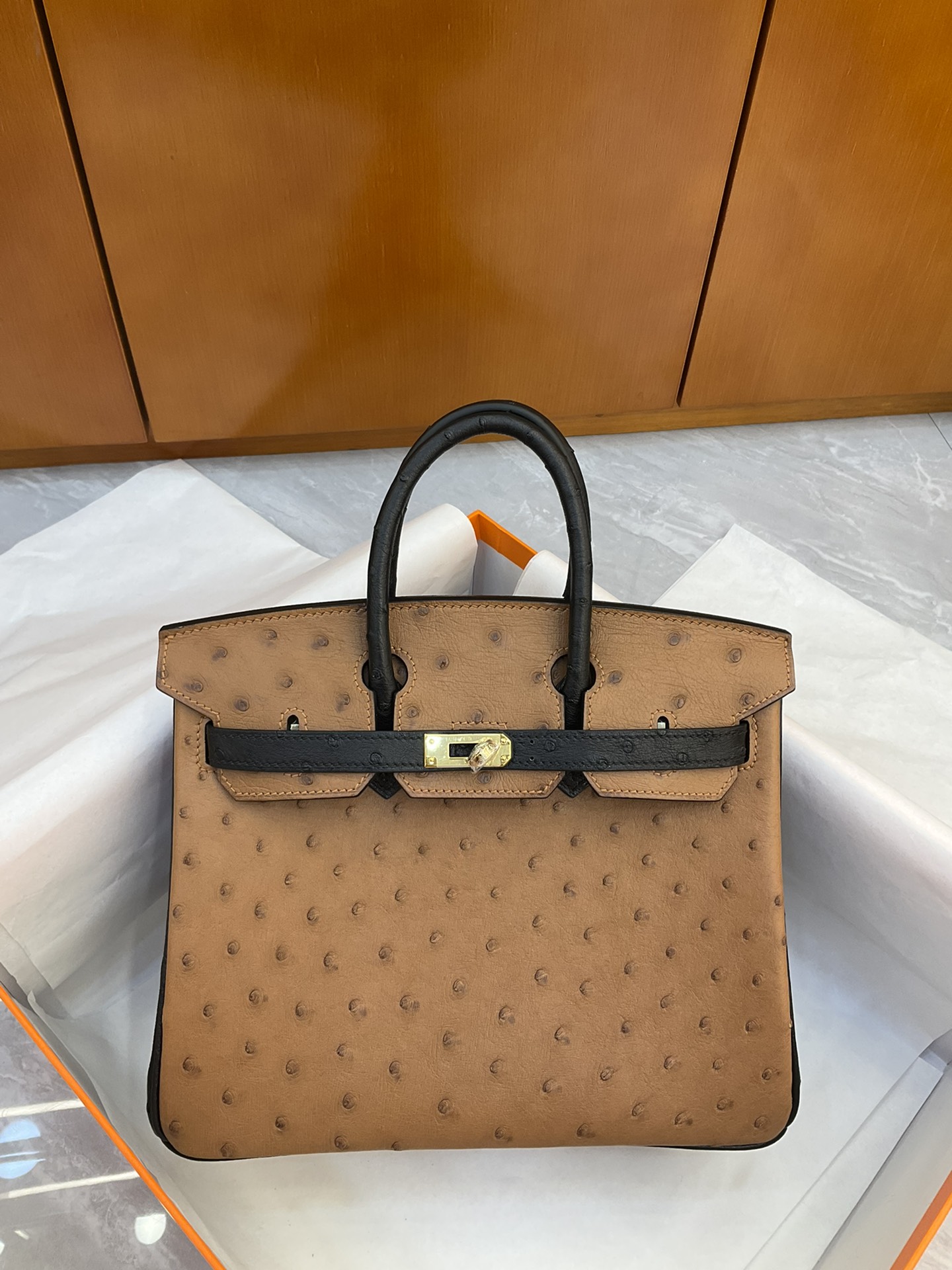 Bagsaaa H**me5 Birkin 25 Ostrich Leather Brown and Black
