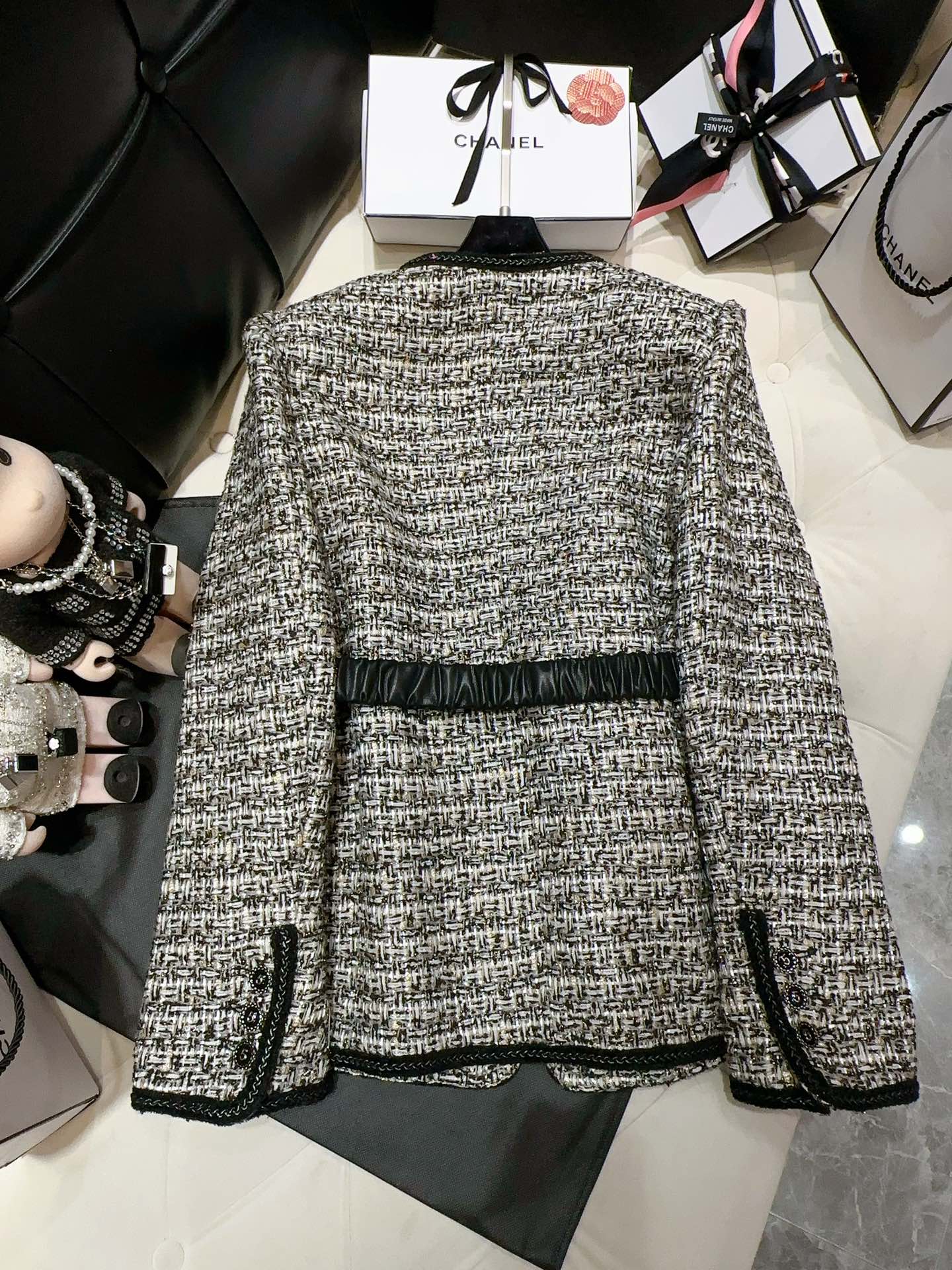 Bagsaaa Ch**el Tweed Black Long Jacket With belt