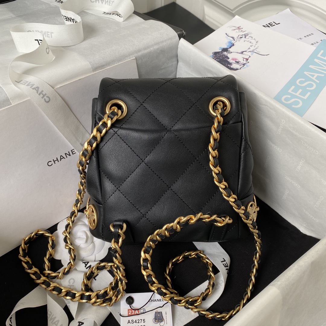 Bagsaaa Ch**el small Backpack Calfskin & Gold-Tone Metal Black 