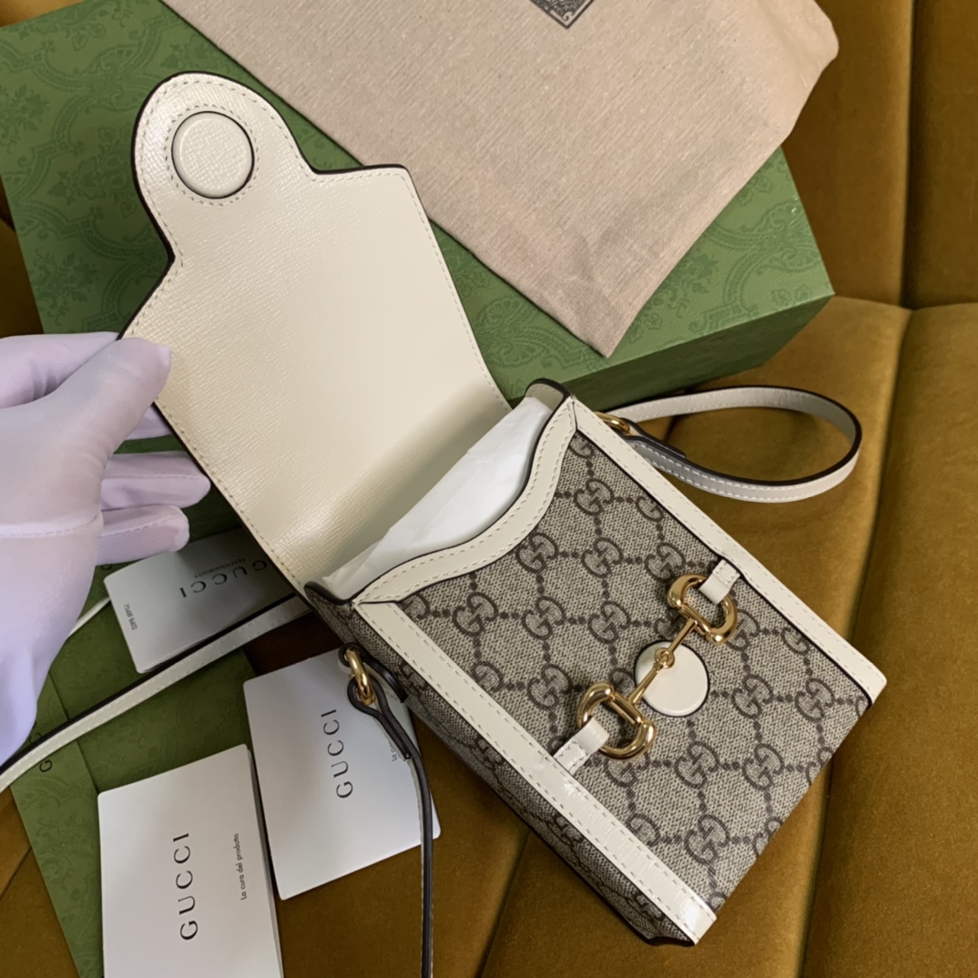Bagsaaa Gvc*1 1955 Horsebit Mini Bag GG White and Beige 11.5/17/4cm