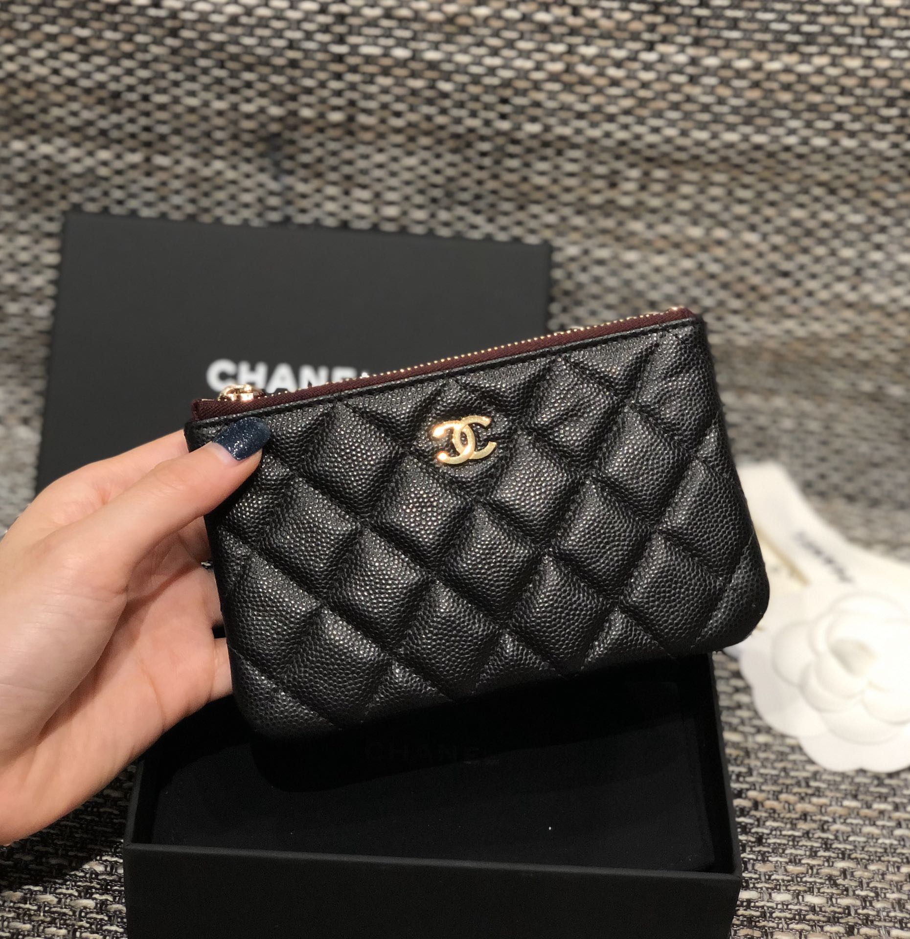 Bagsaaa Ch**el Coin Purse Caviar Black Leather 