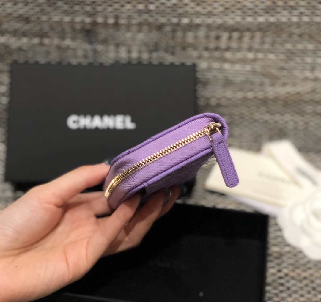 Bagsaaa Ch**el Purple Caviar Coin Purse Gold Hardware - 7.5×2×11.cm
