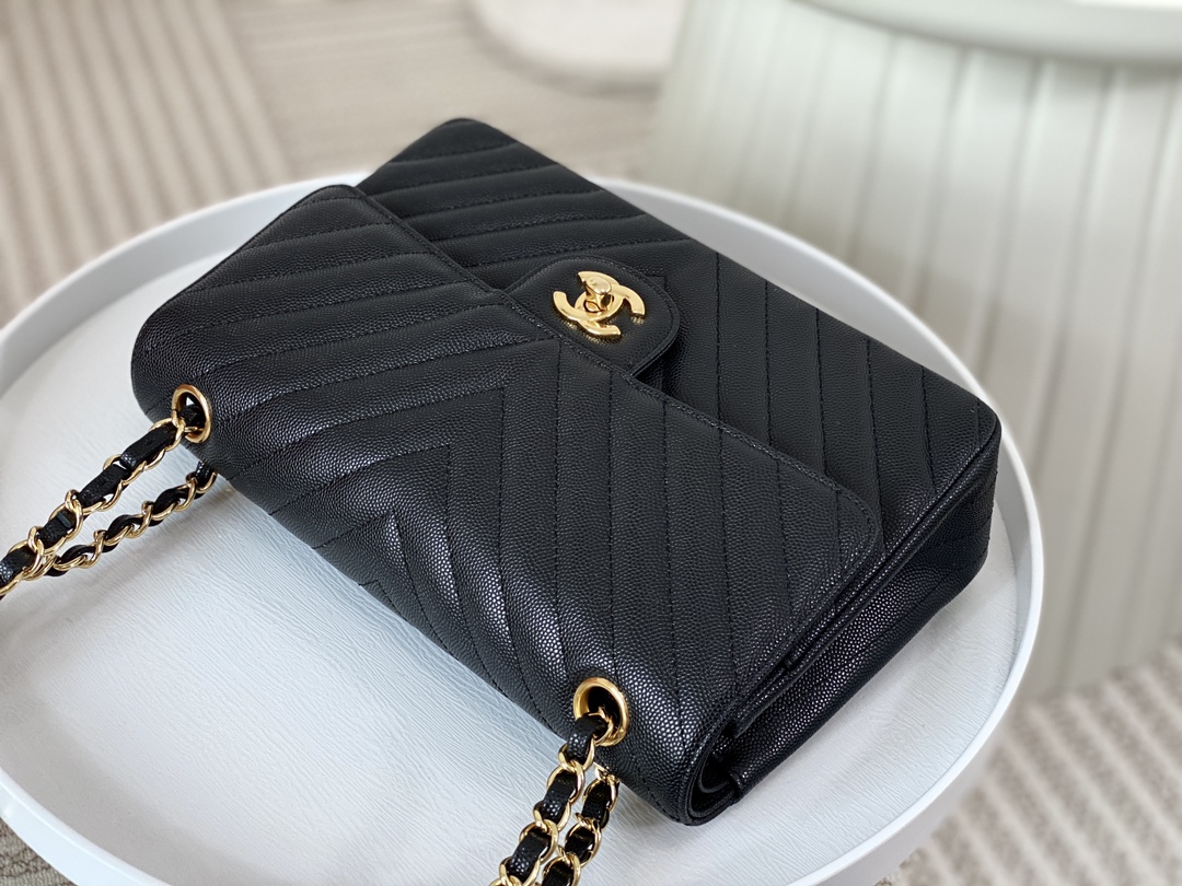Bagsaaa Ch**el Chevron Flap Bag Caviar Leather Black - 25cm