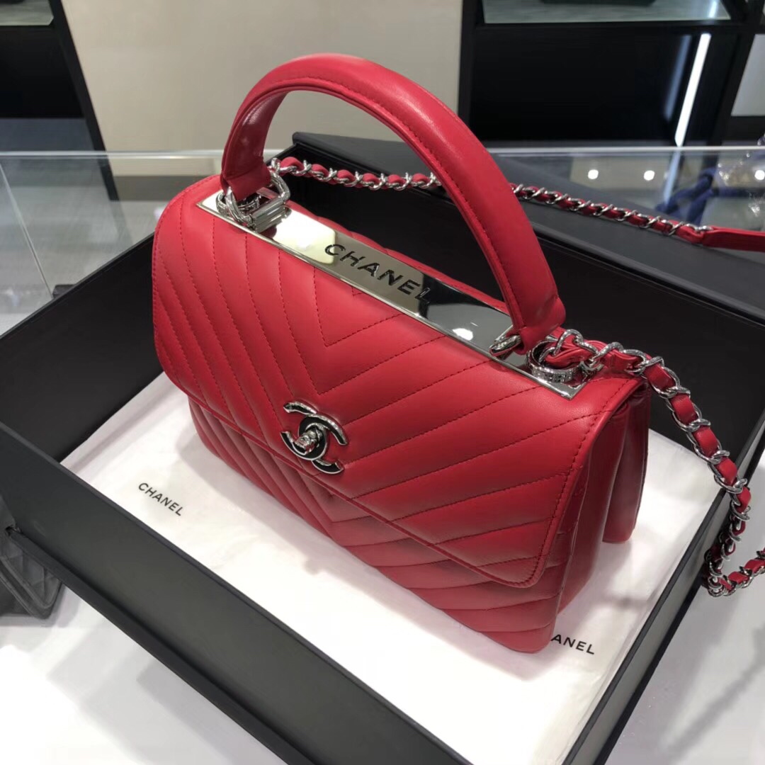 Bagsaaa Ch**el Trendy CC Chevron Red Leather Silver Hardware