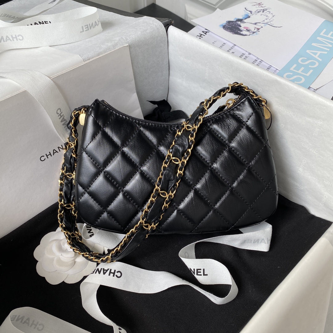 Bagsaaa Ch**el 19 Hobo Shoulder Black Bag - 12×20.5×4.5cm 