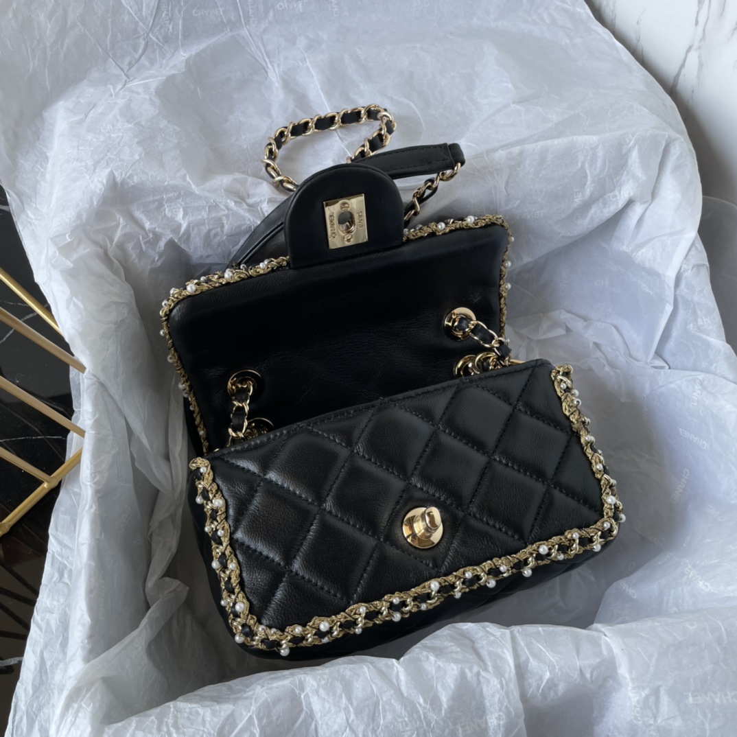 Bagsaaa Ch**el Flap Bag Pearl Edge Black - 19*12*7.5cm
