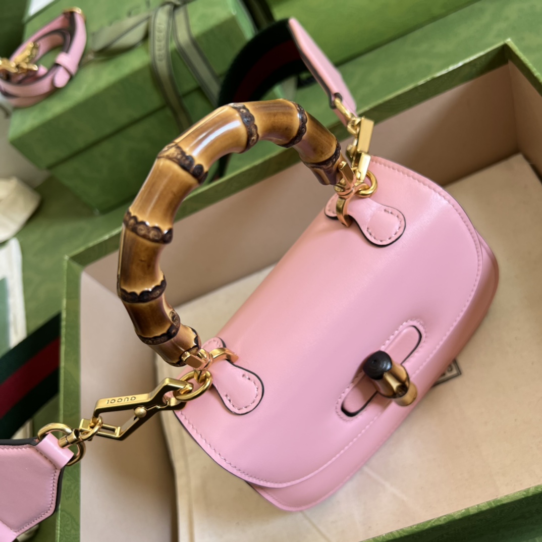 Bagsaaa Bamboo 1947 Mini Top Handle Pink Leather Bag - 17x12.5x8cm