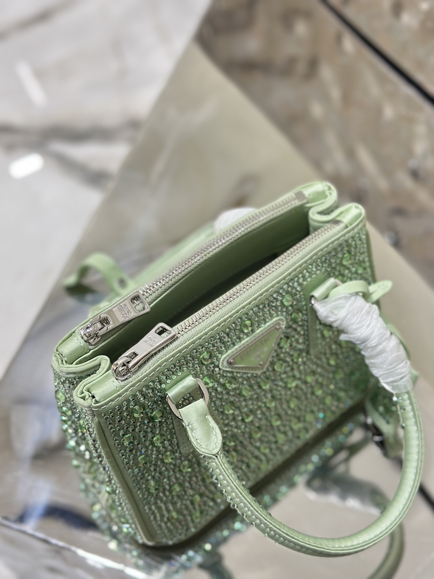 Bagsaaa Pra*a Galleria satin mini-bag with green crystals - 20*14.5*9.5cm