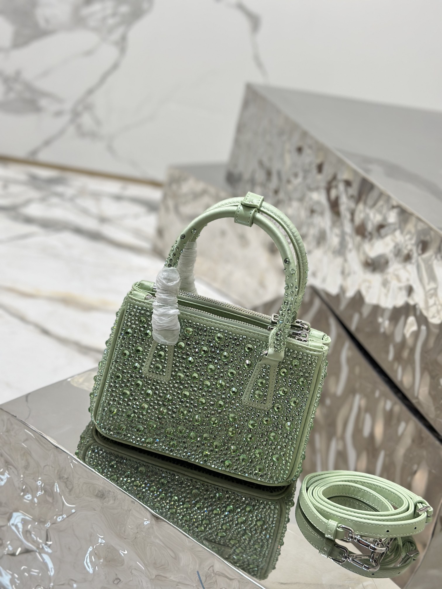 Bagsaaa Pra*a Galleria satin mini-bag with green crystals - 20*14.5*9.5cm