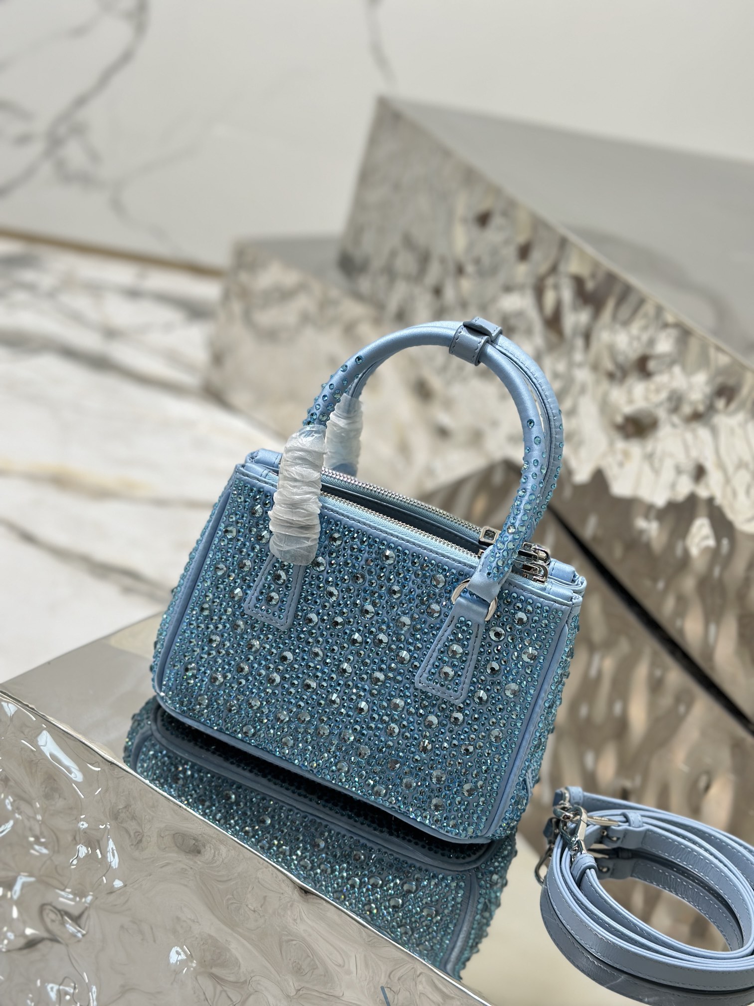 Bagsaaa Pra*a Galleria satin mini-bag with blue crystals - 20*14.5*9.5cm