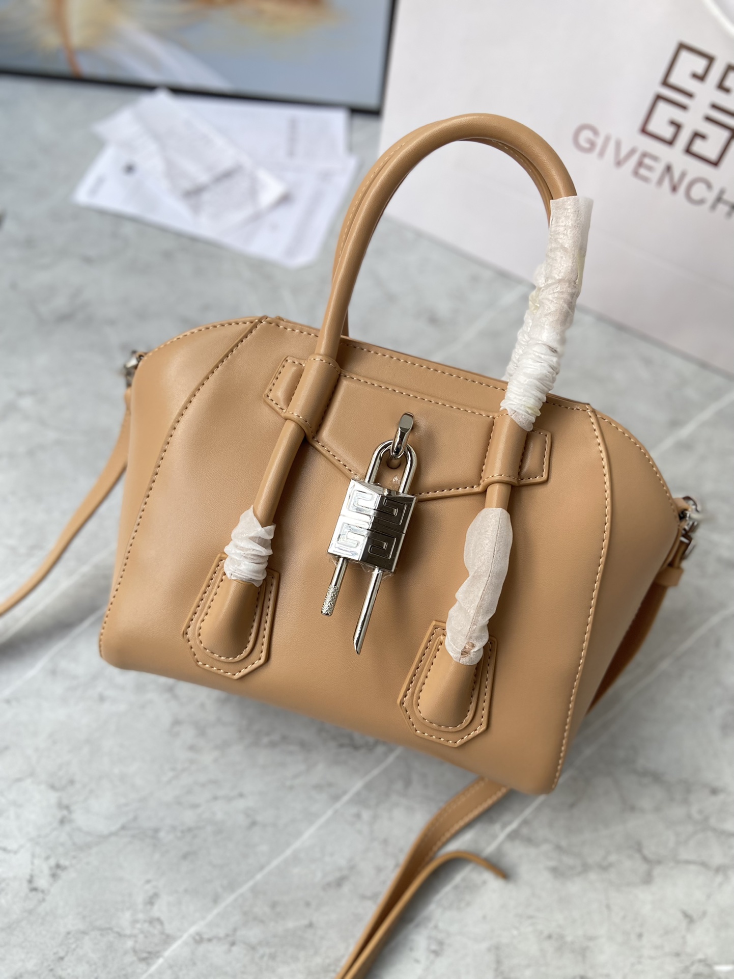 Bagsaaa Givenchy Antigona Lock Tote Bag Light Brown - 23*27*13cm