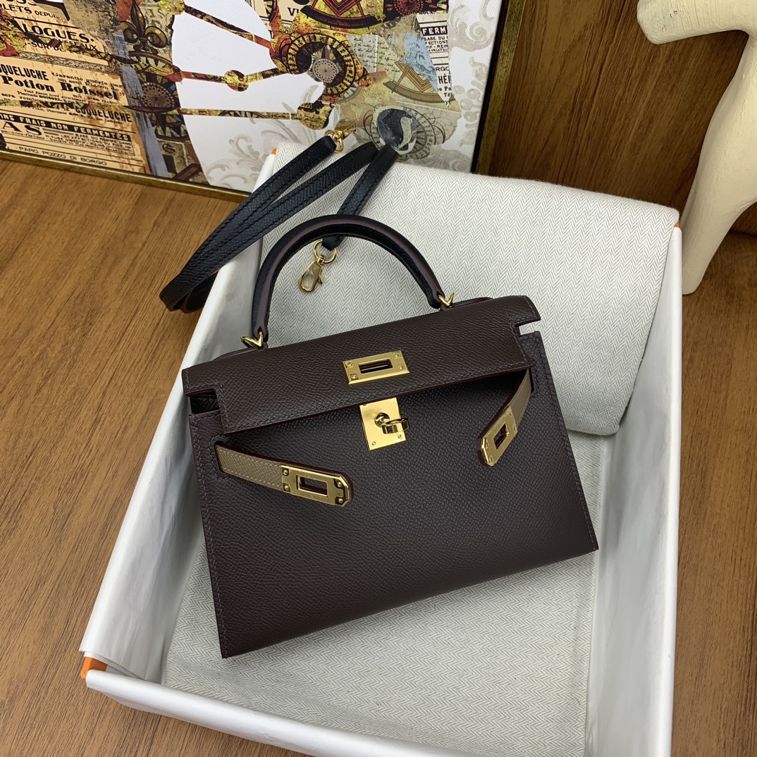 Bagsaaa H**me5 Mini Kelly Chevre Leather Dark Brown 19cm