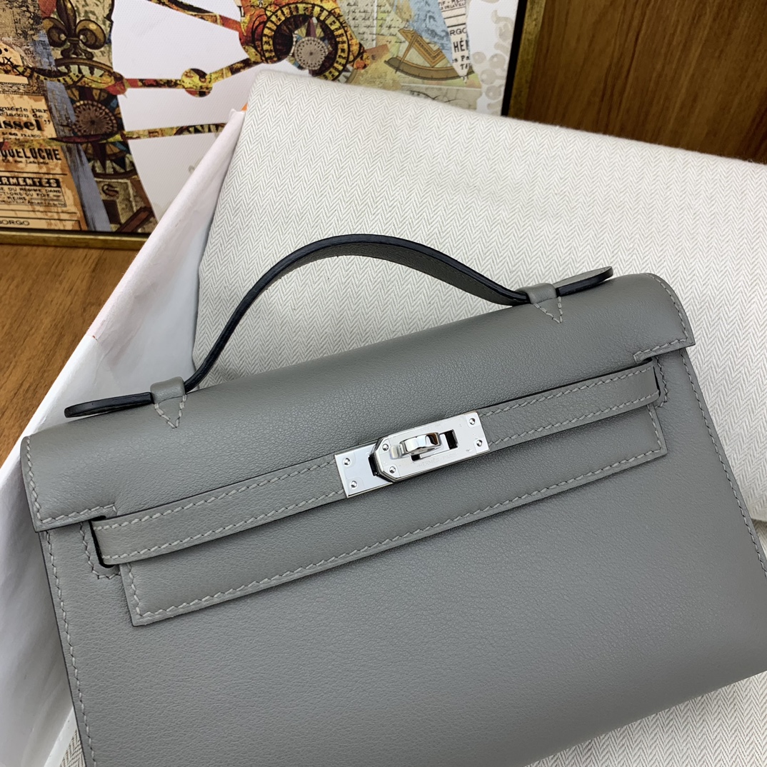 Bagsaaa H**me5 Pochette swift leather 22cm grey 