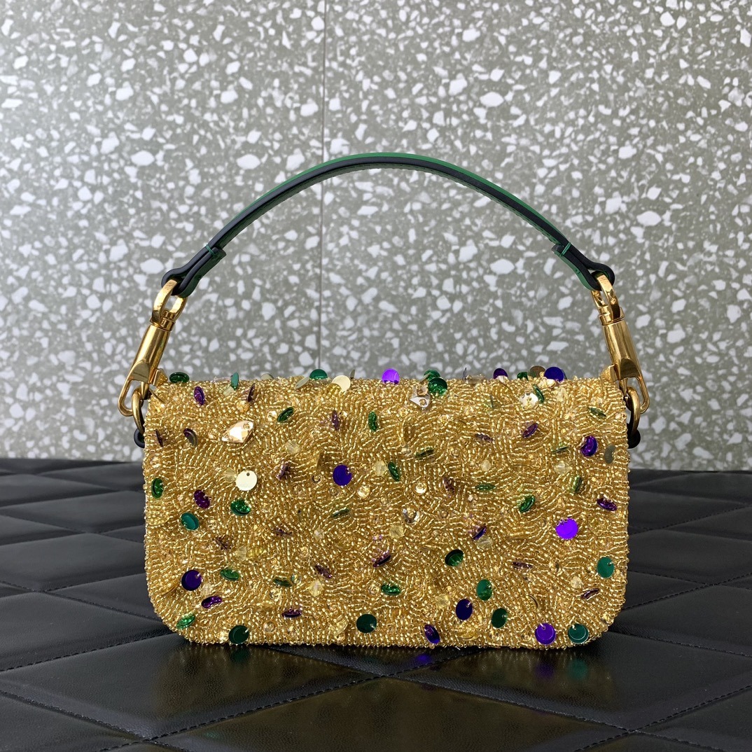 Bagsaaa Va1e*ntin0 Garavani Embellished VLOGO Signature Mini Yellow Shoulder Bag - 19x10.5x5cm