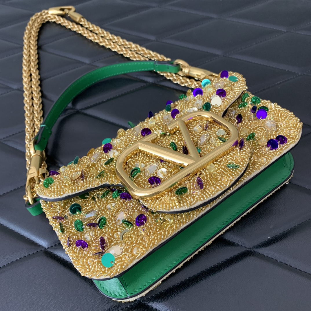 Bagsaaa Va1e*ntin0 Garavani Embellished VLOGO Signature Mini Yellow Shoulder Bag - 19x10.5x5cm