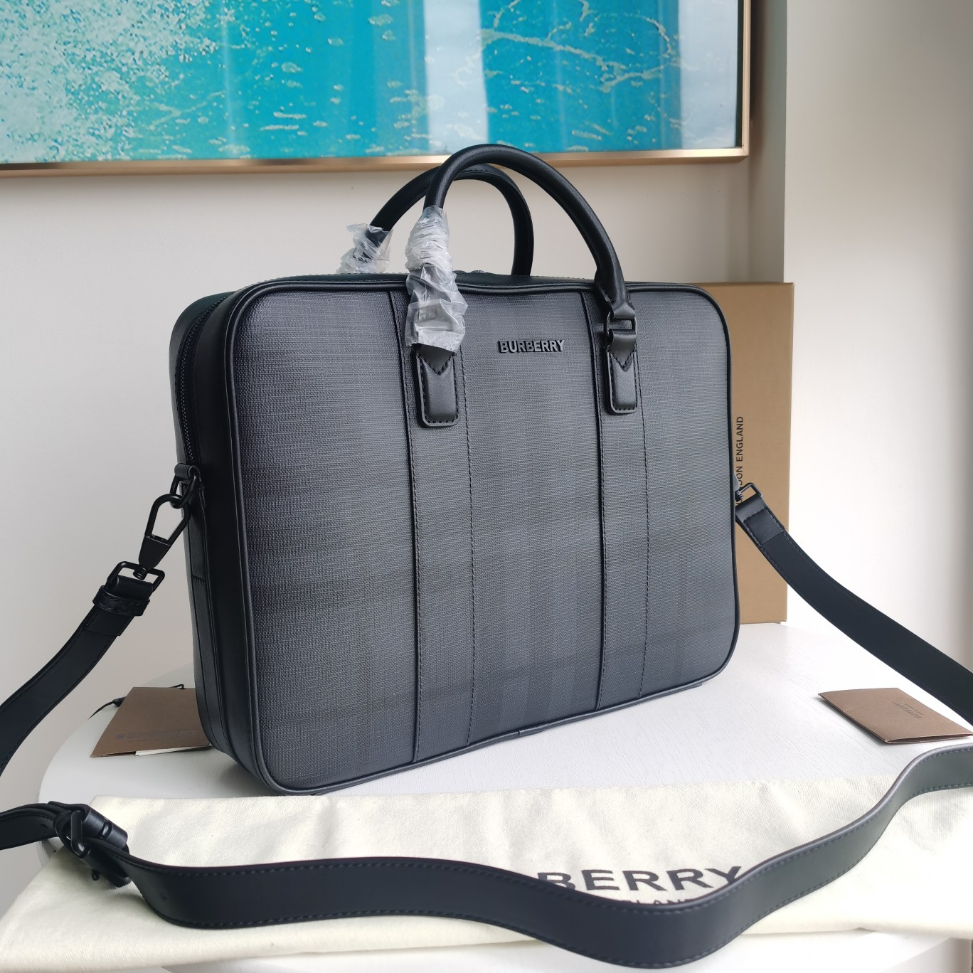 Bagsaaa Bv*b*rry Ainsworth Giant Check-E Canvas Briefcase Bag Black - 38 x 9 x 28cm