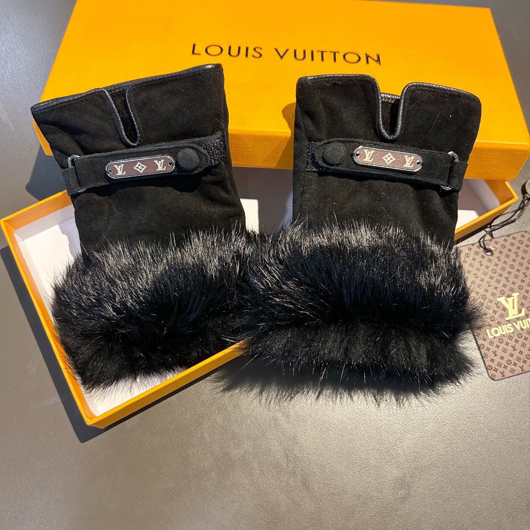 Bagsaaa L0vis Vvtt0n Half Finger Black Fur Gloves