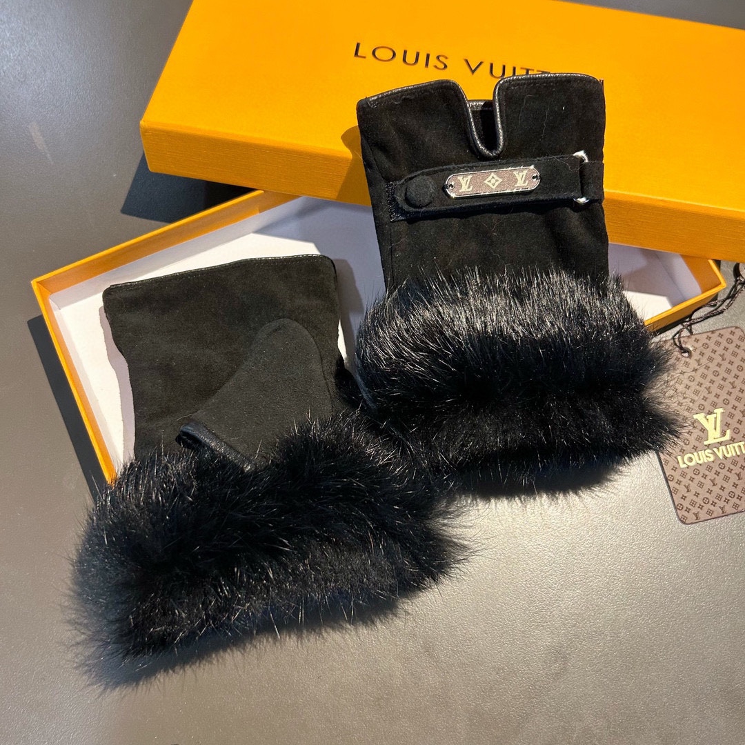 Bagsaaa L0vis Vvtt0n Half Finger Black Fur Gloves