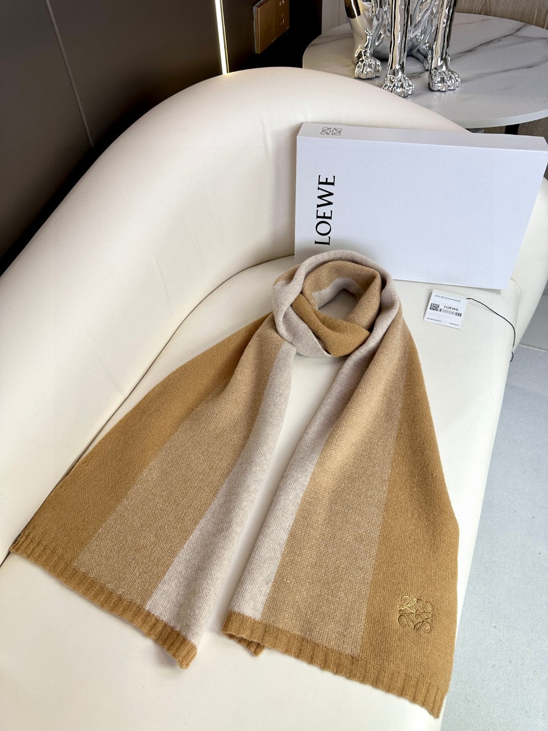 Bagsaaa L0ew* Scarf With 3 tones of Beige Color - 30*190cm