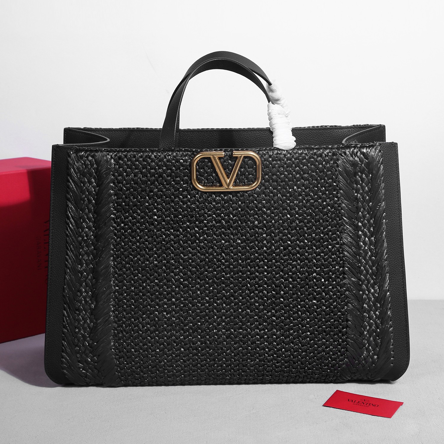Bagsaaa Va1e*ntin0 Garavani Vlogo Signature Embroidered Raffia Tote Black - 48cm