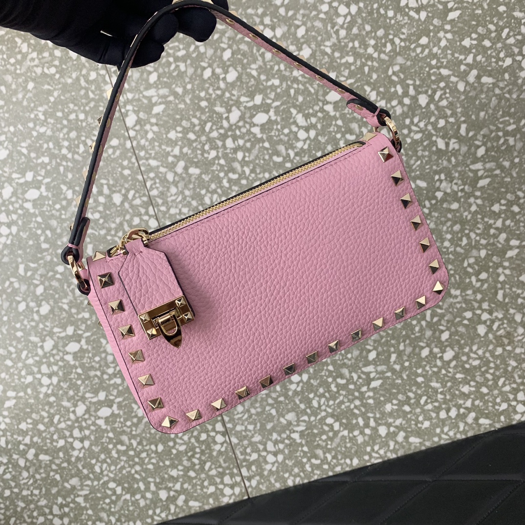 Bagsaaa Va1e*ntin0 Garavani Small Rockstud Grainy Calfskin Crossbody Bag Pink - 19x13x7cm