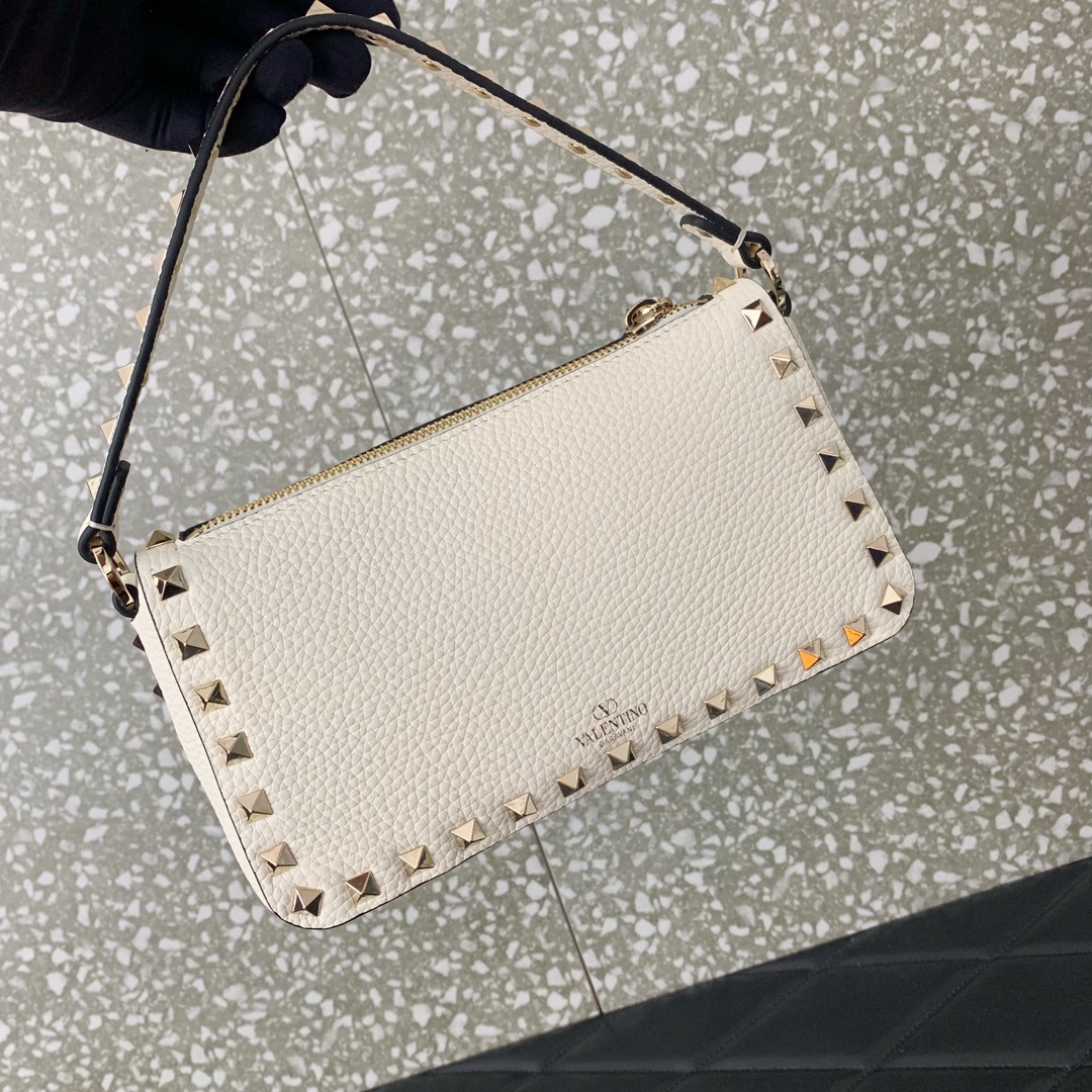 Bagsaaa Va1e*ntin0 Garavani Small Rockstud Grainy Calfskin Crossbody Bag White - 19x13x7cm
