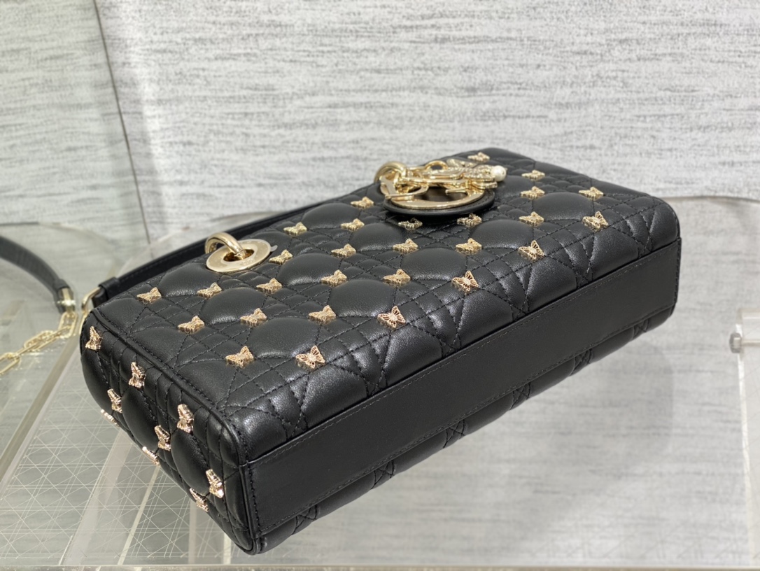 Bagsaaa D10r Medium Lady D-Joy Black Cannage Lambskin with Gold-Finish Butterfly Studs - 26 x 13.5 x 5 cm 