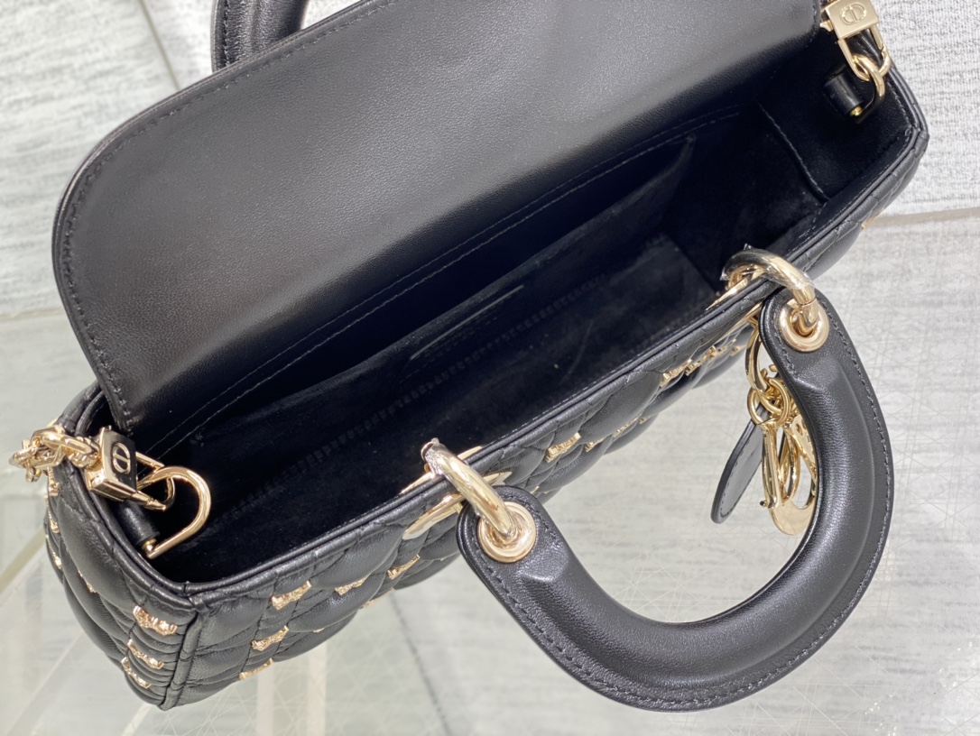 Bagsaaa D10r Medium Lady D-Joy Black Cannage Lambskin with Gold-Finish Butterfly Studs - 26 x 13.5 x 5 cm 
