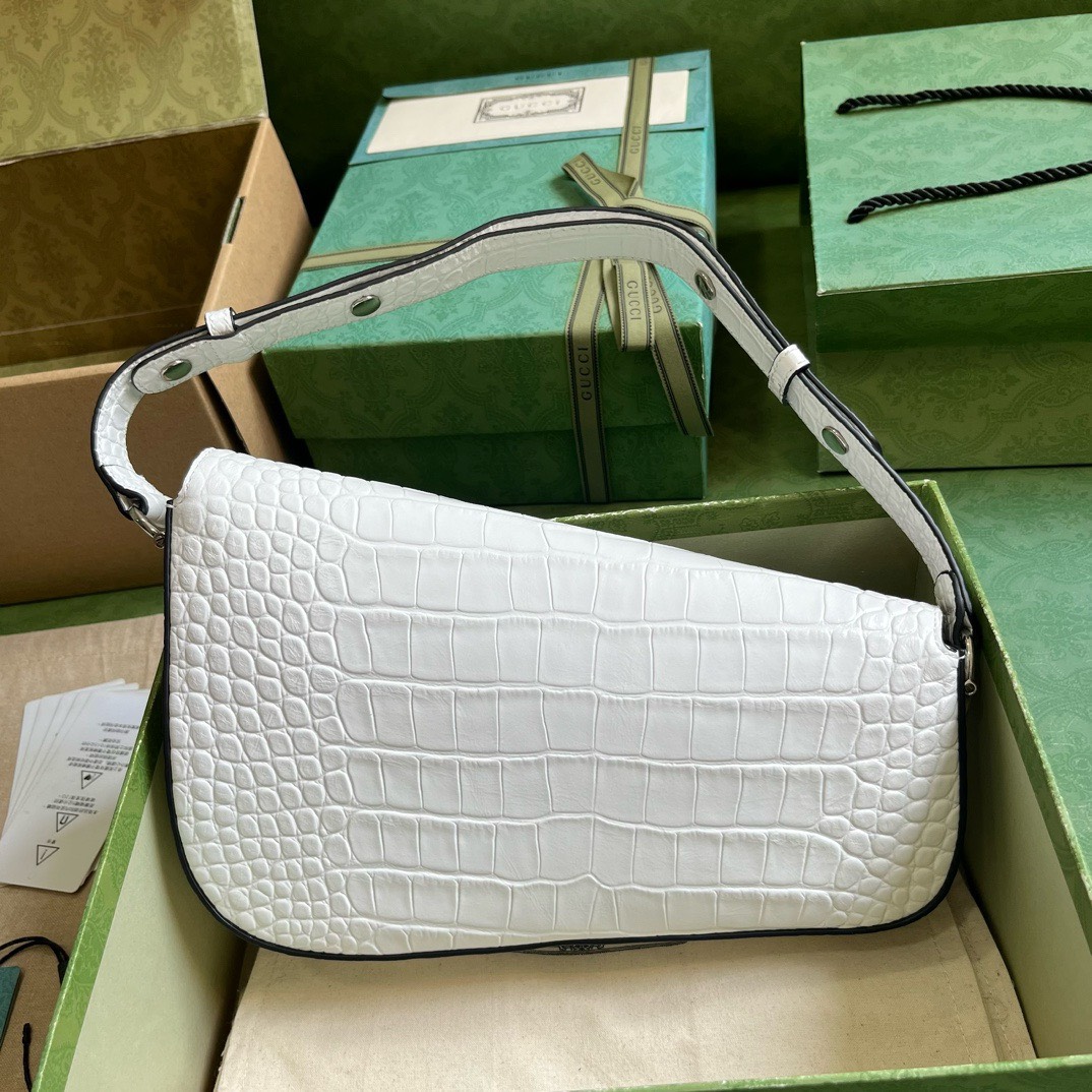 Bagsaaa Gvc*1 Horsebit 1955 Small Shoulder Bag White Crocodile Leather - 26.5x 10.5-17x 4-8cm