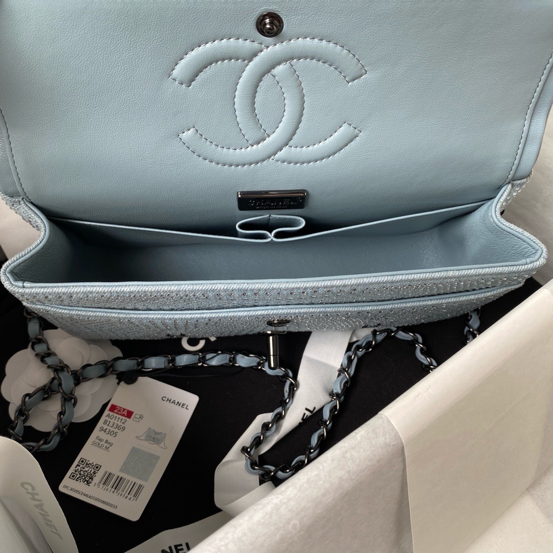 Bagsaaa Ch**el Denim, Rhinestones & silver metal Blue & silver - 25cm