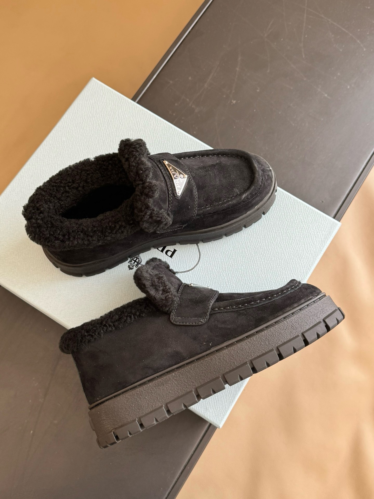 Bagsaaa Pra*a Black Suede Loafer Booties 