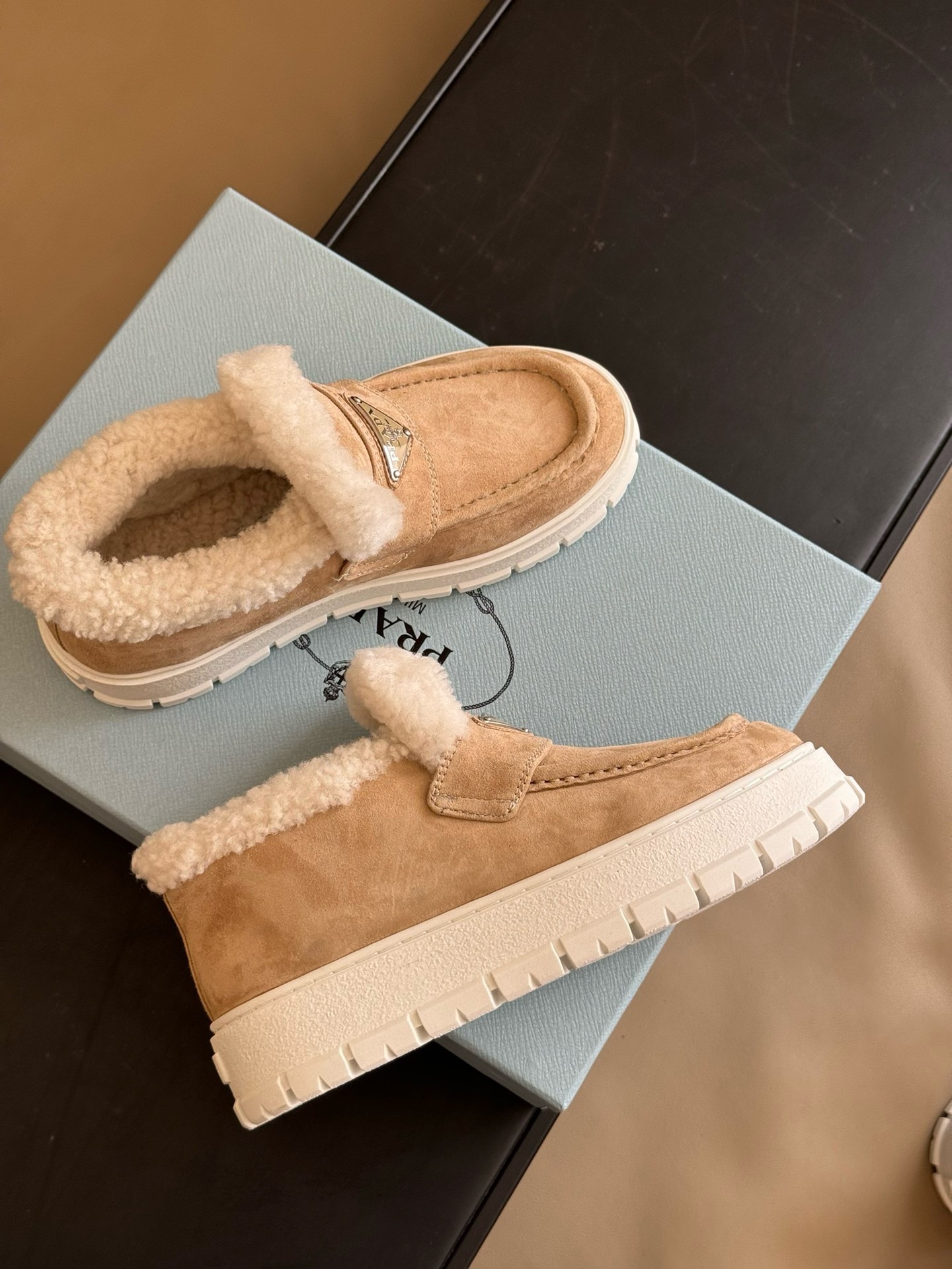 Bagsaaa Pra*a Brown Suede Loafer Booties 
