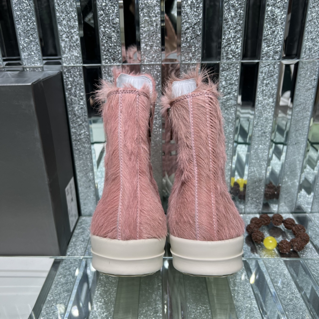 Bagsaaa Rick Owens Pony Hair High-Top Leather Sneakers pink