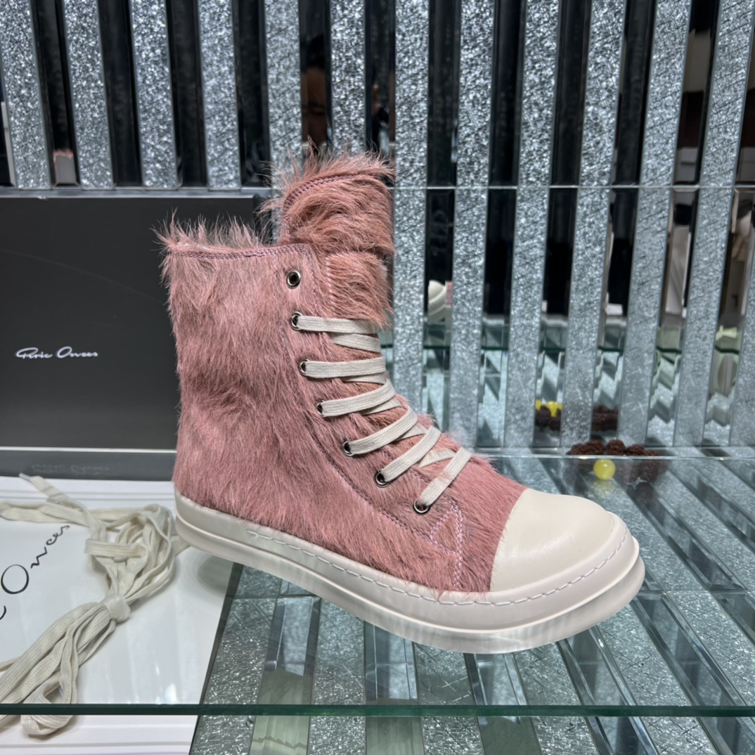 Bagsaaa Rick Owens Pony Hair High-Top Leather Sneakers pink