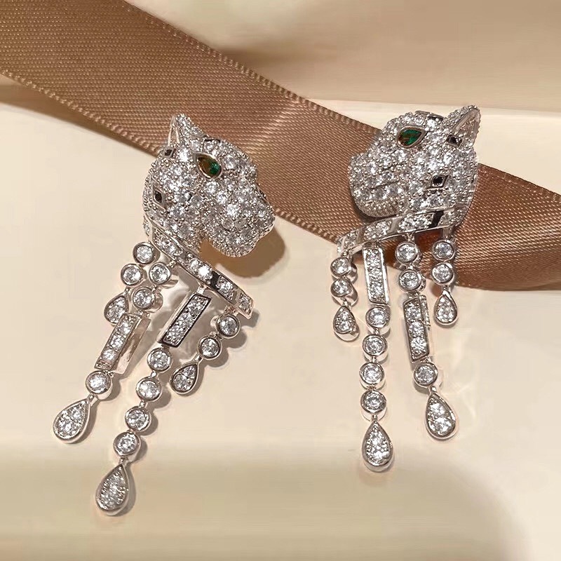 Bagsaaa Ca*t1er Panther Silver Zircon Onyx Emerald & Emerald Earrings