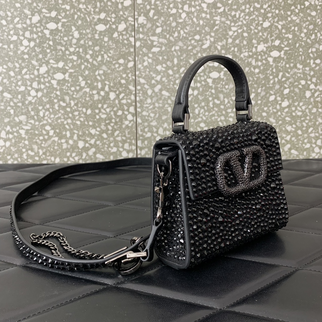 Bagsaaa Va1e*ntin0 Mini Vsling Bag With Sparkling Embroidery In Black - 13.5cm