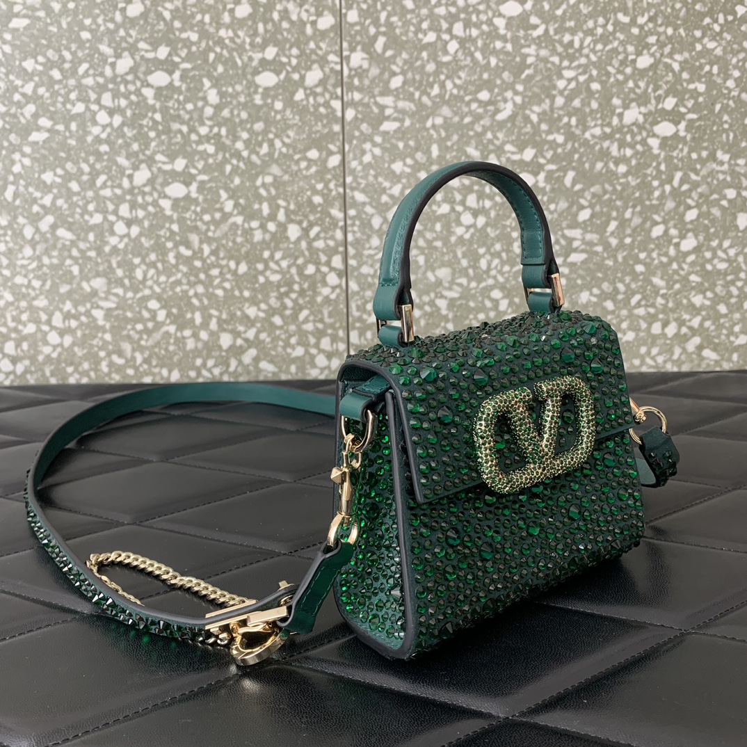 Bagsaaa Va1e*ntin0 Mini Vsling Bag With Sparkling Embroidery In Green - 13.5cm
