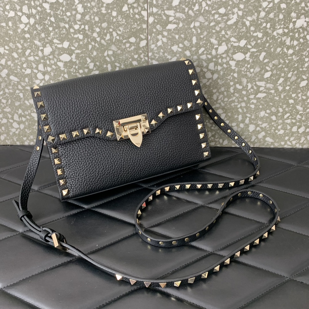 Bagsaaa Va1e*ntin0 Garavani Small Rockstud Leather Shoulder Black Bag - 22.5*15.5*6cm 