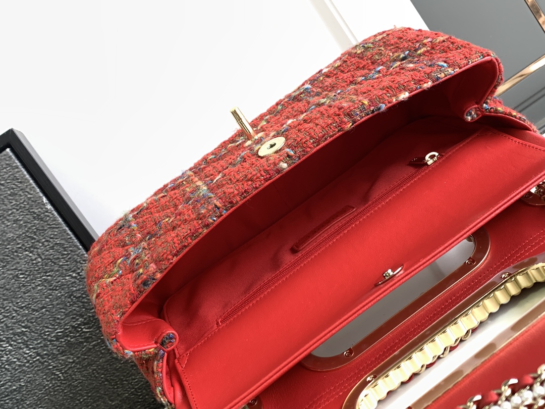 Bagsaaa Ch**el Double Flap Bag with Cut Out Handle and Multi Chain Red Tweed - 29x19x9cm