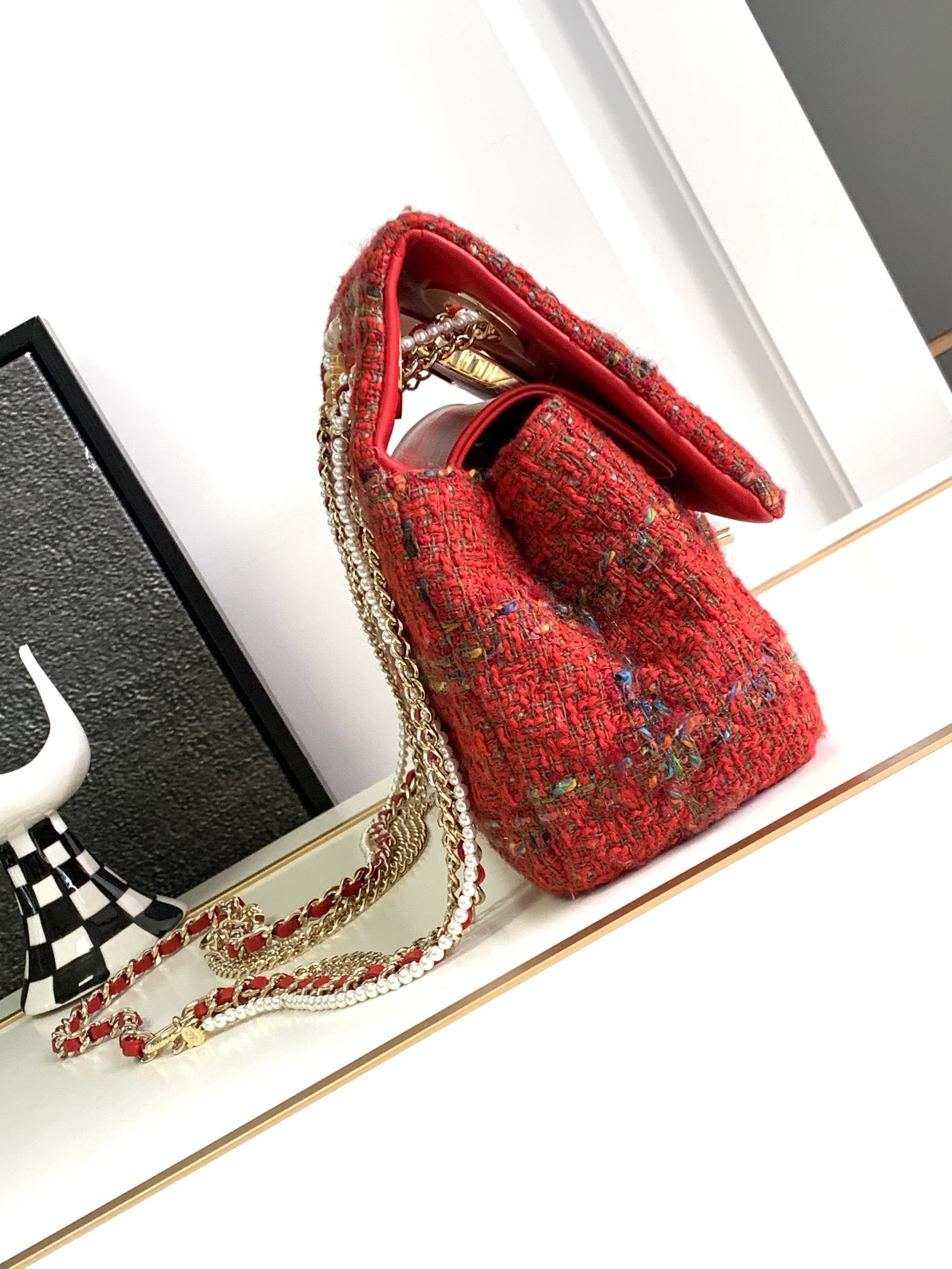 Bagsaaa Ch**el Double Flap Bag with Cut Out Handle and Multi Chain Red Tweed - 29x19x9cm