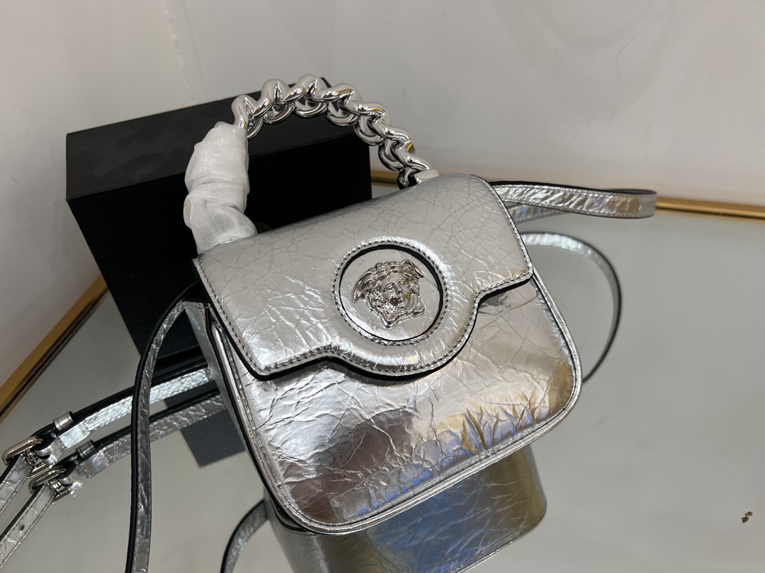 Bagsaaa Versace La Medusa studded top-handle bag in silver 16*6*12CM