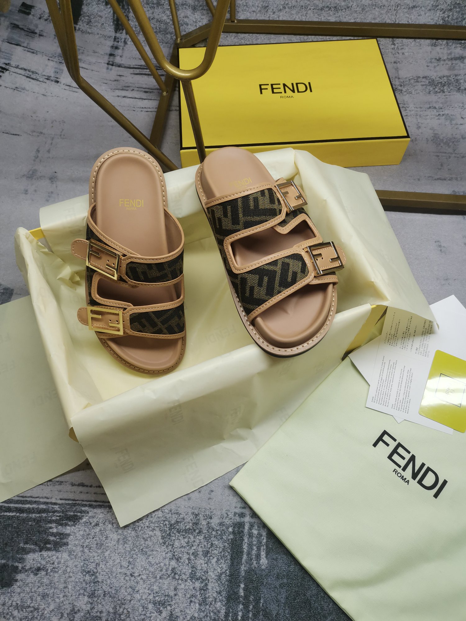 Bagsaaa F**di Feel FF chenille slides in beige and brown