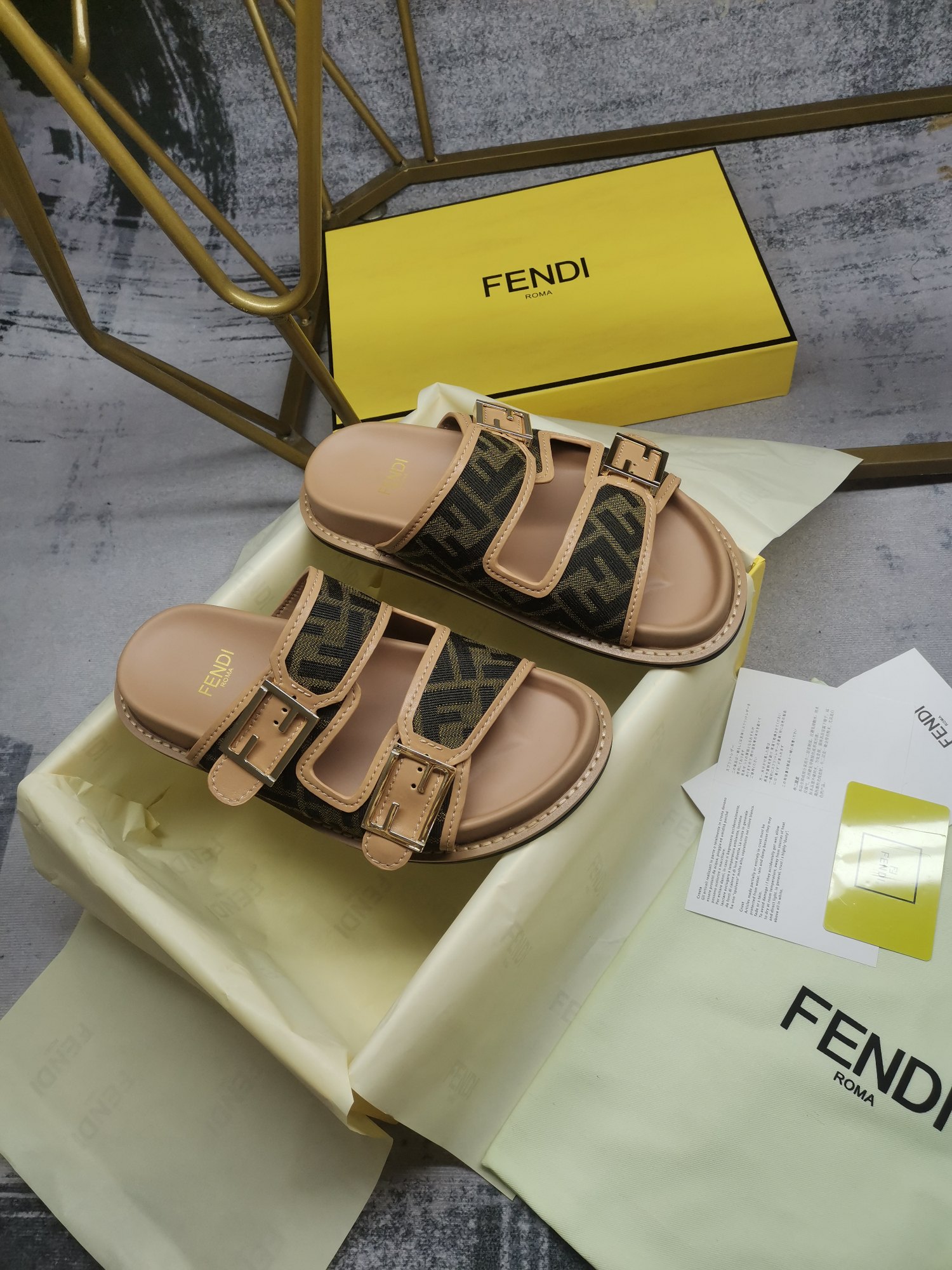 Bagsaaa F**di Feel FF chenille slides in beige and brown