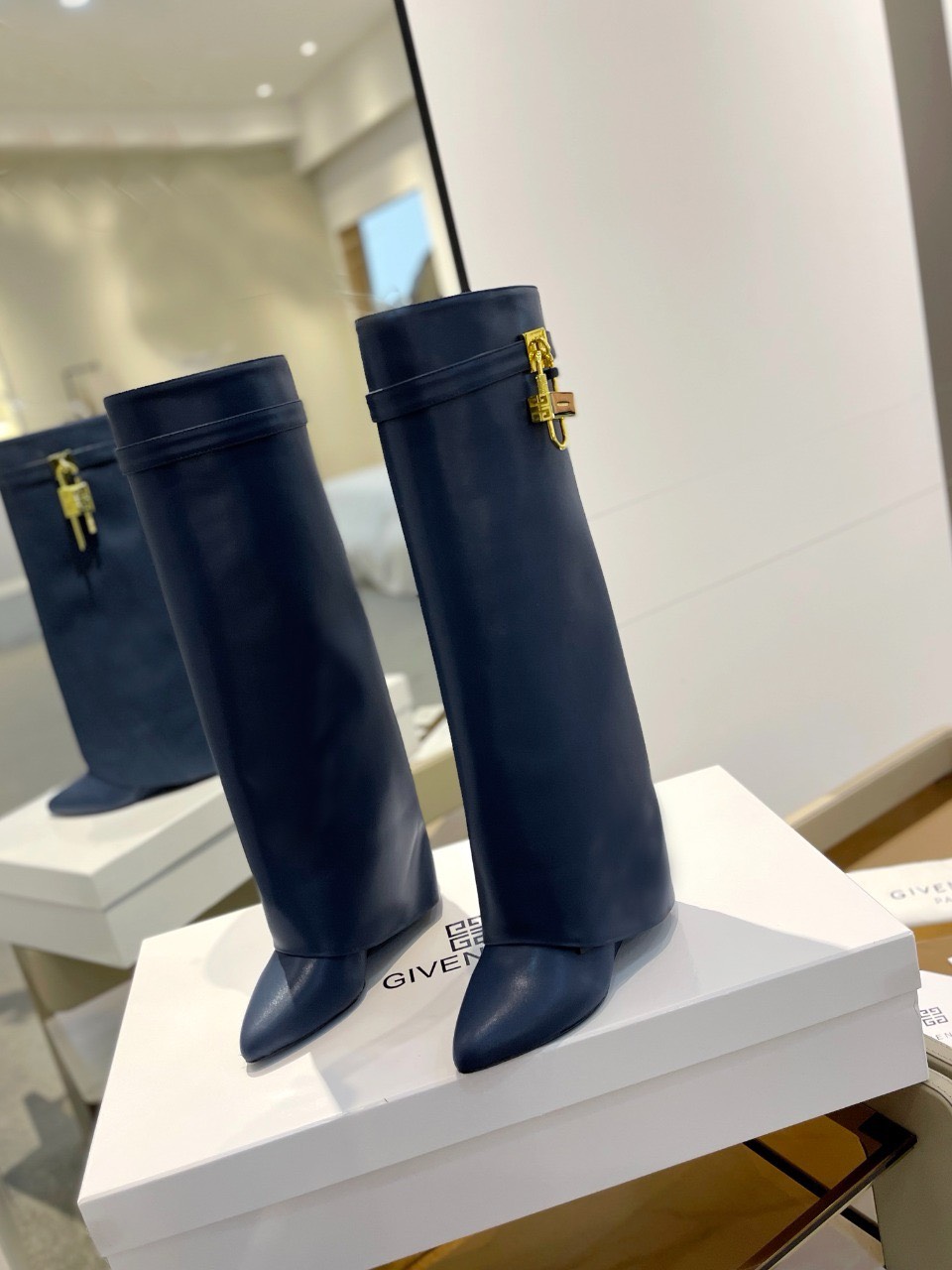 Bagsaaa Givenchy Shark Lock Ankle Long Boots in leather dark blue with gold hardware
