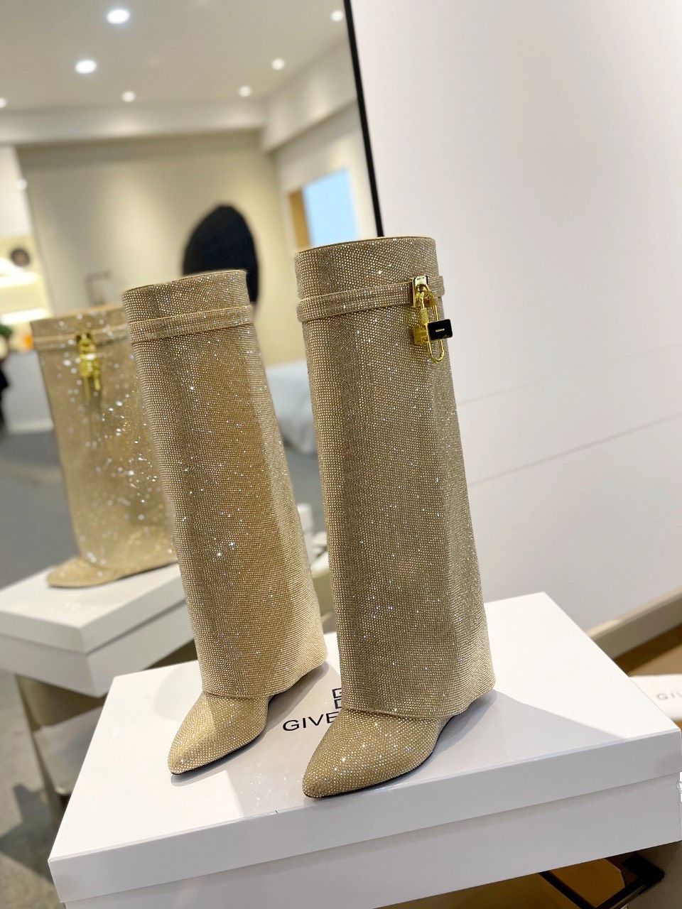 Bagsaaa Givenchy Shark Lock Ankle Long Boots in gold crystal
