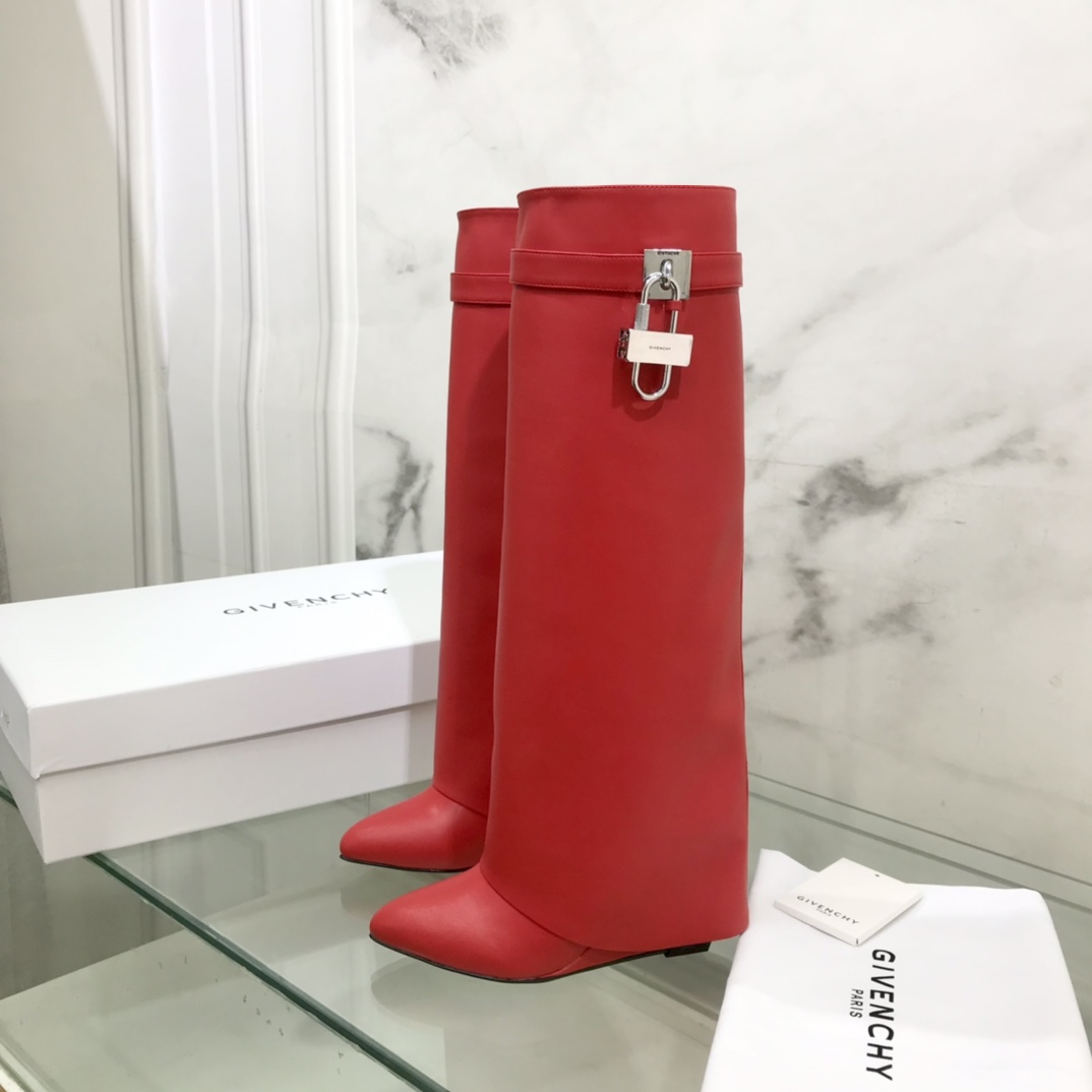 Bagsaaa Givenchy Shark Lock Ankle Long Boots in red leather