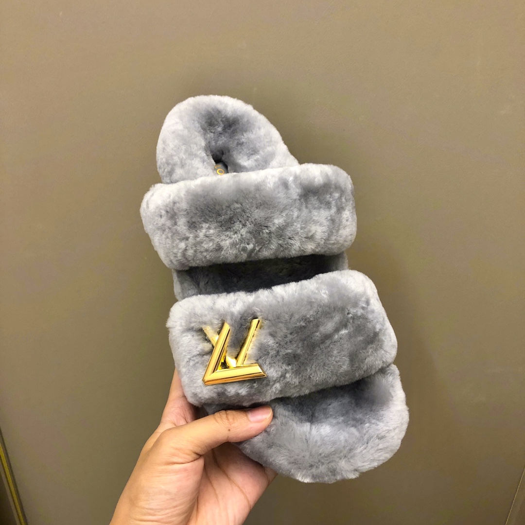 Bagsaaa L0vis Vvtt0n Grey shearling Comfort Flat Mule