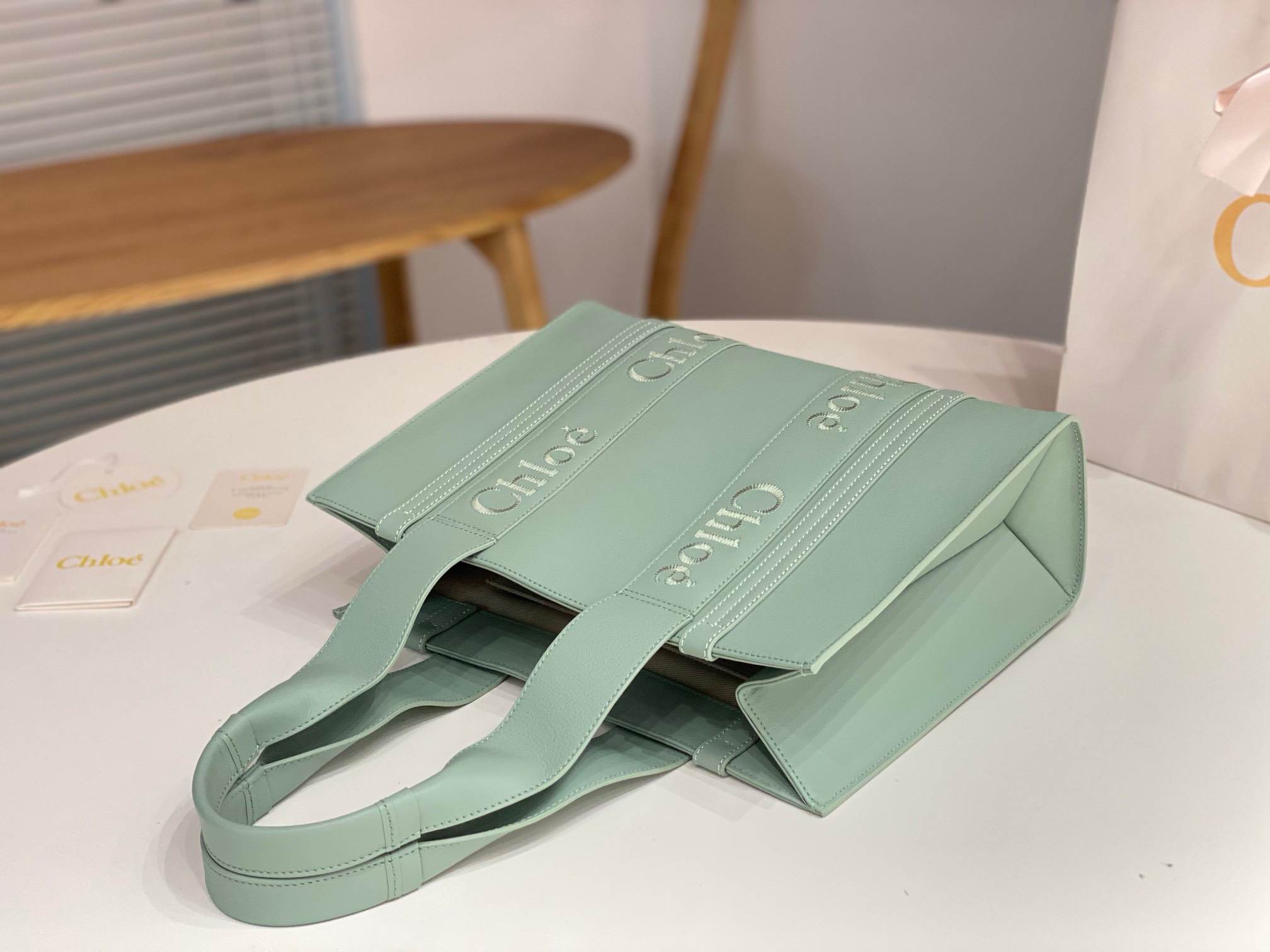 Bagsaaa Chloe Medium Woody Tote Bag Calfskin Green - 37x26x12cm