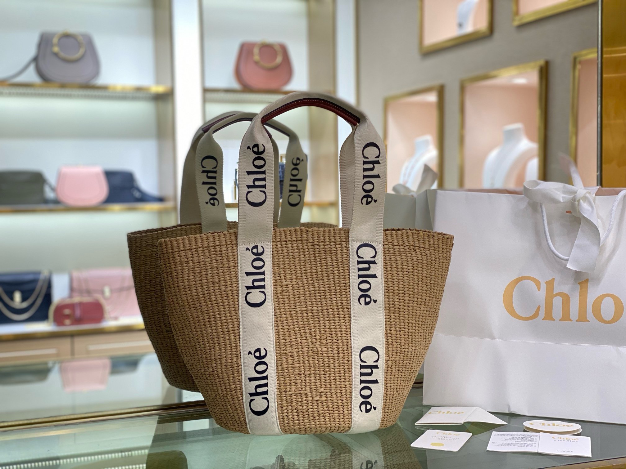 Bagsaaa Chloe Woody large leather-trimmed raffia tote - 3 colors