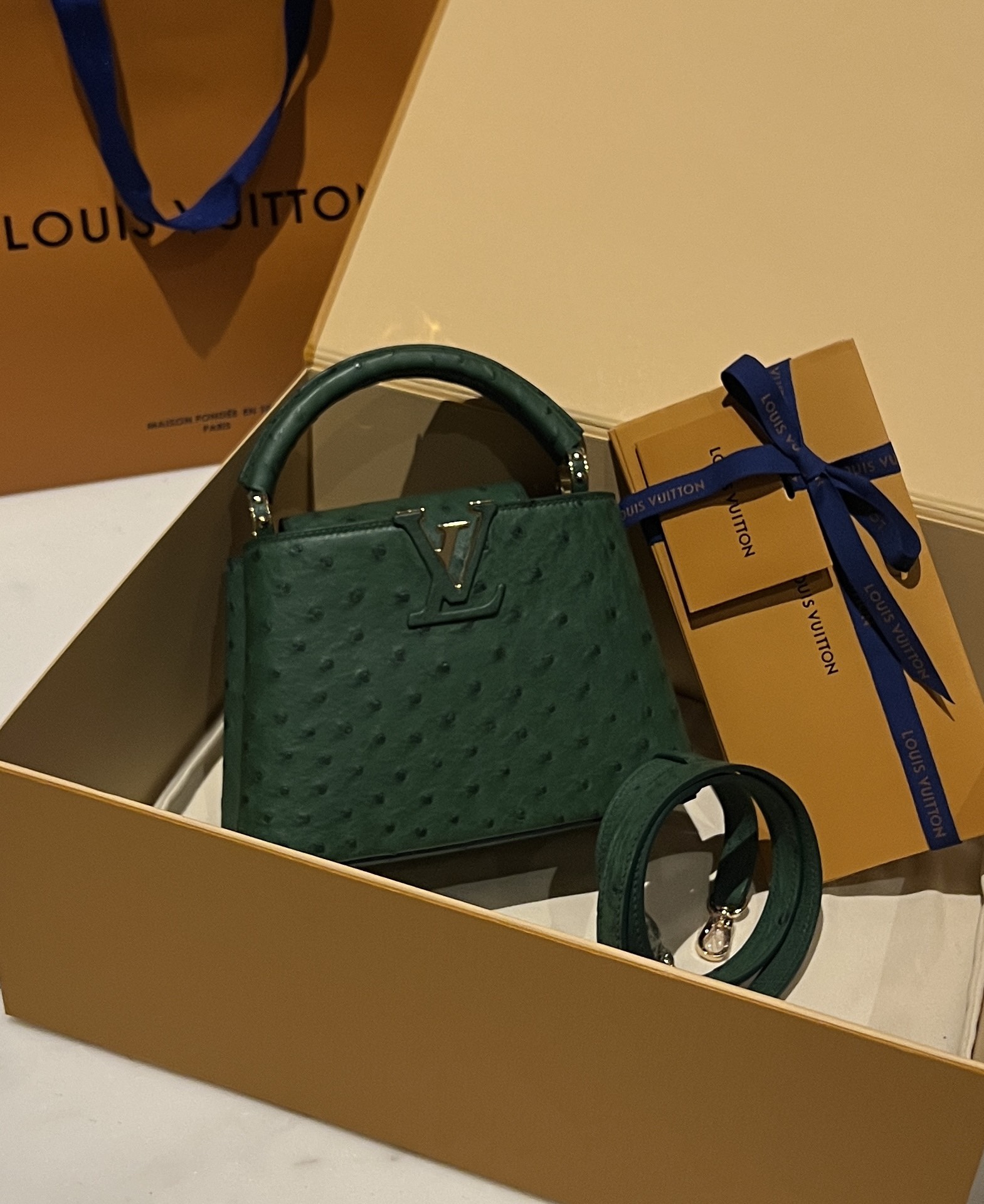 Bagsaaa L0vis Vvtt0n Capucines Ostrich Leather Blue 